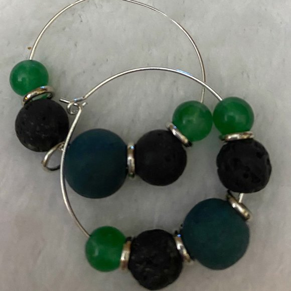 Essential Diffuser Hoop Earrings Green and Lava Stone Handcrafted - Picture 1 of 2